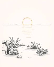 A hand-drawn pencil sketch captures a coral reef at low tide under a warm golden hour sky, depicted in a dramatic cinematic s