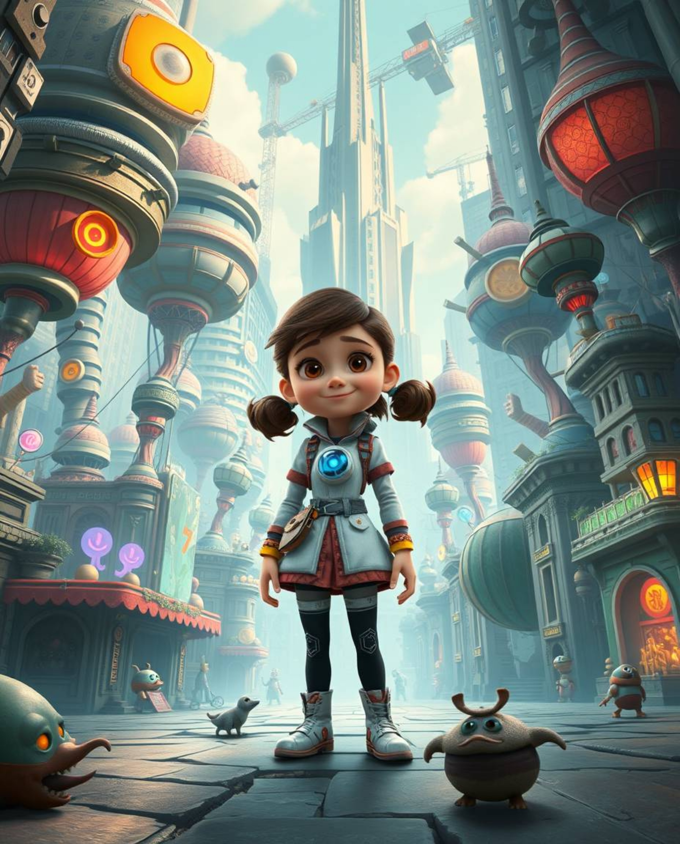 Discover a young, inventive girl navigating a vibrant, futuristic city brimming with fantastical elements and bizarre, dreaml