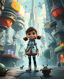 Discover a young, inventive girl navigating a vibrant, futuristic city brimming with fantastical elements and bizarre, dreaml