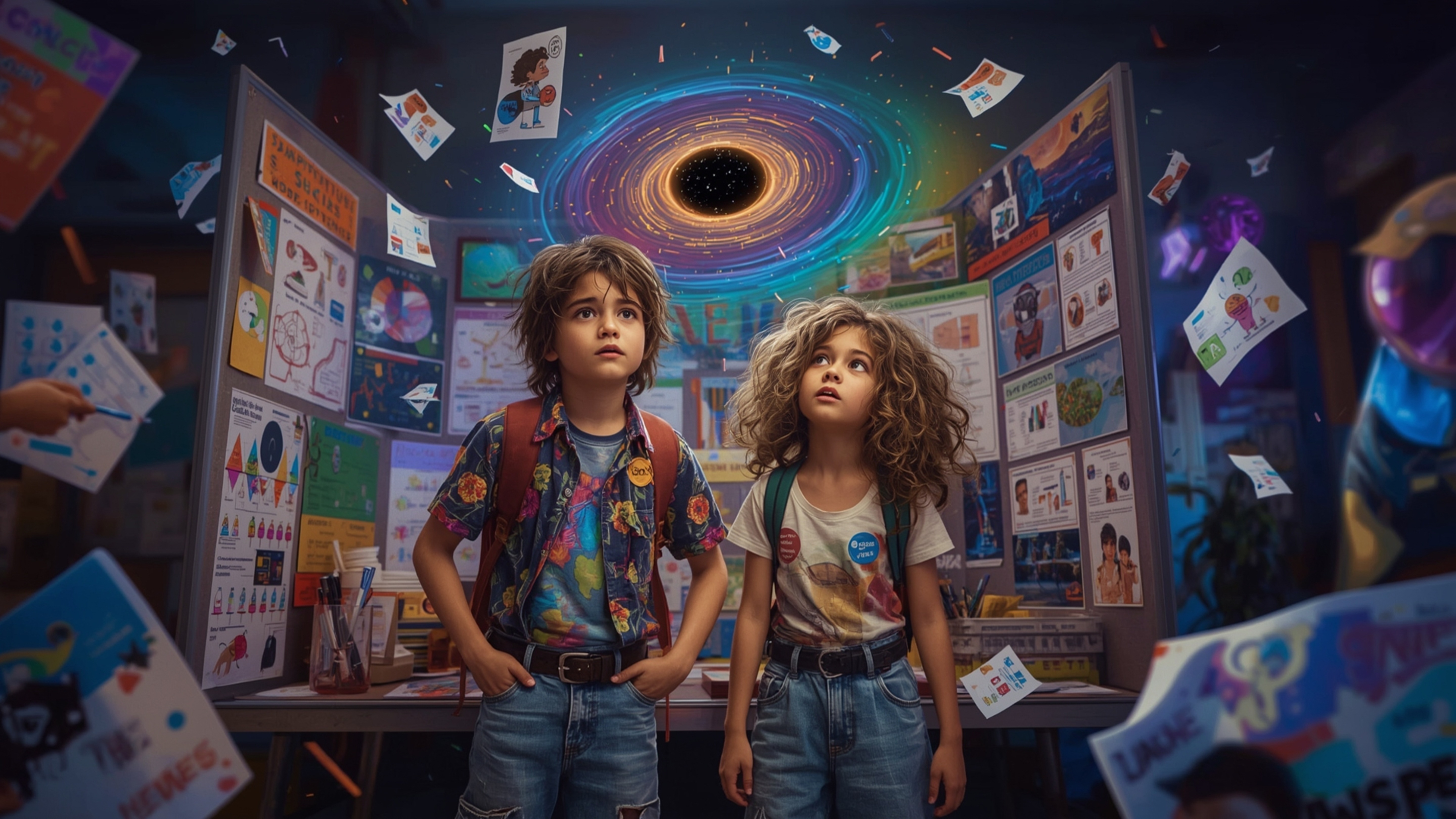 In a vibrant, cinematic photograph rendered in a hyper-realistic, Pixar-inspired style, a dynamic science fair duo unwittingl