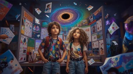 In a vibrant, cinematic photograph rendered in a hyper-realistic, Pixar-inspired style, a dynamic science fair duo unwittingl