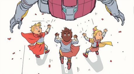 A captivating hand-drawn sketchnote illustration depicts three superpowered children engaging in an epic battle against a for