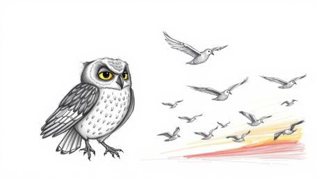 A charming hand-drawn sketch in the style of Pixar depicts a blind owl, with subtly detailed feathers and expressive features