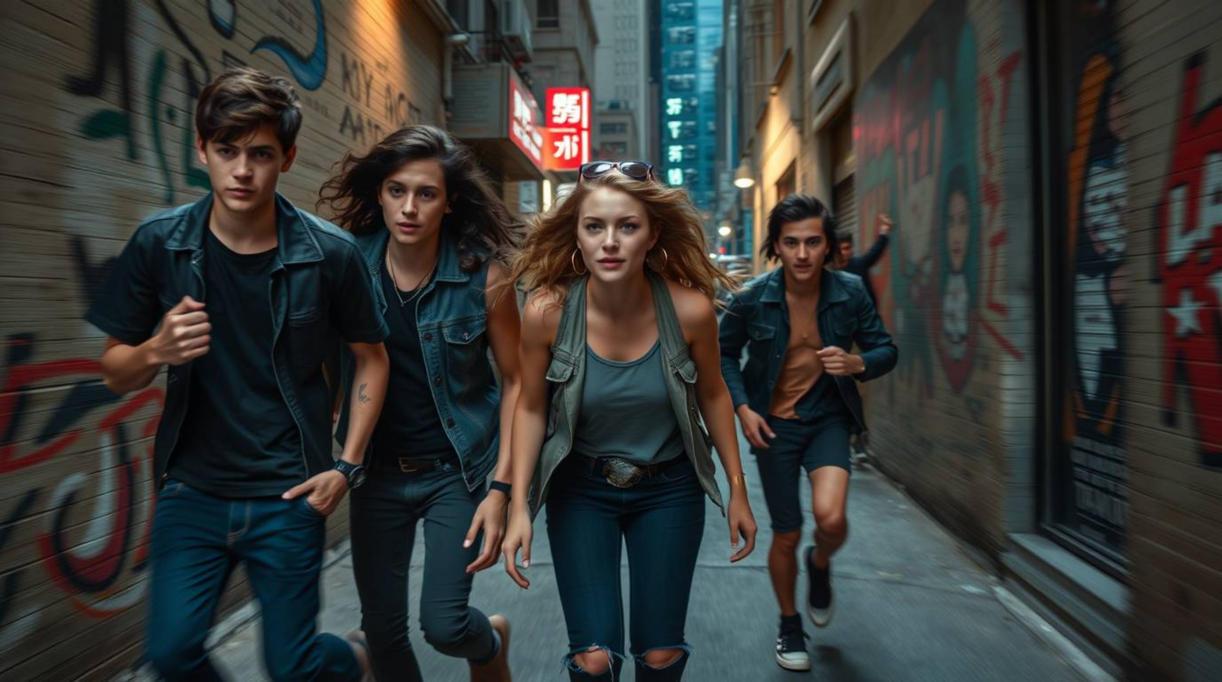 High-resolution stock photo depicting rebellious teens in dynamic motion within a gritty city alley.  Blurred lines emphasize