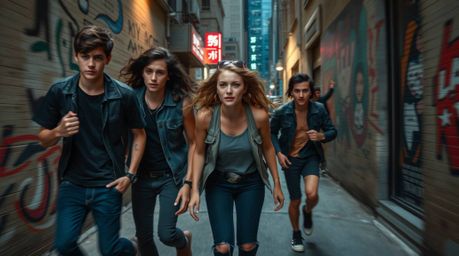 High-resolution stock photo depicting rebellious teens in dynamic motion within a gritty city alley.  Blurred lines emphasize