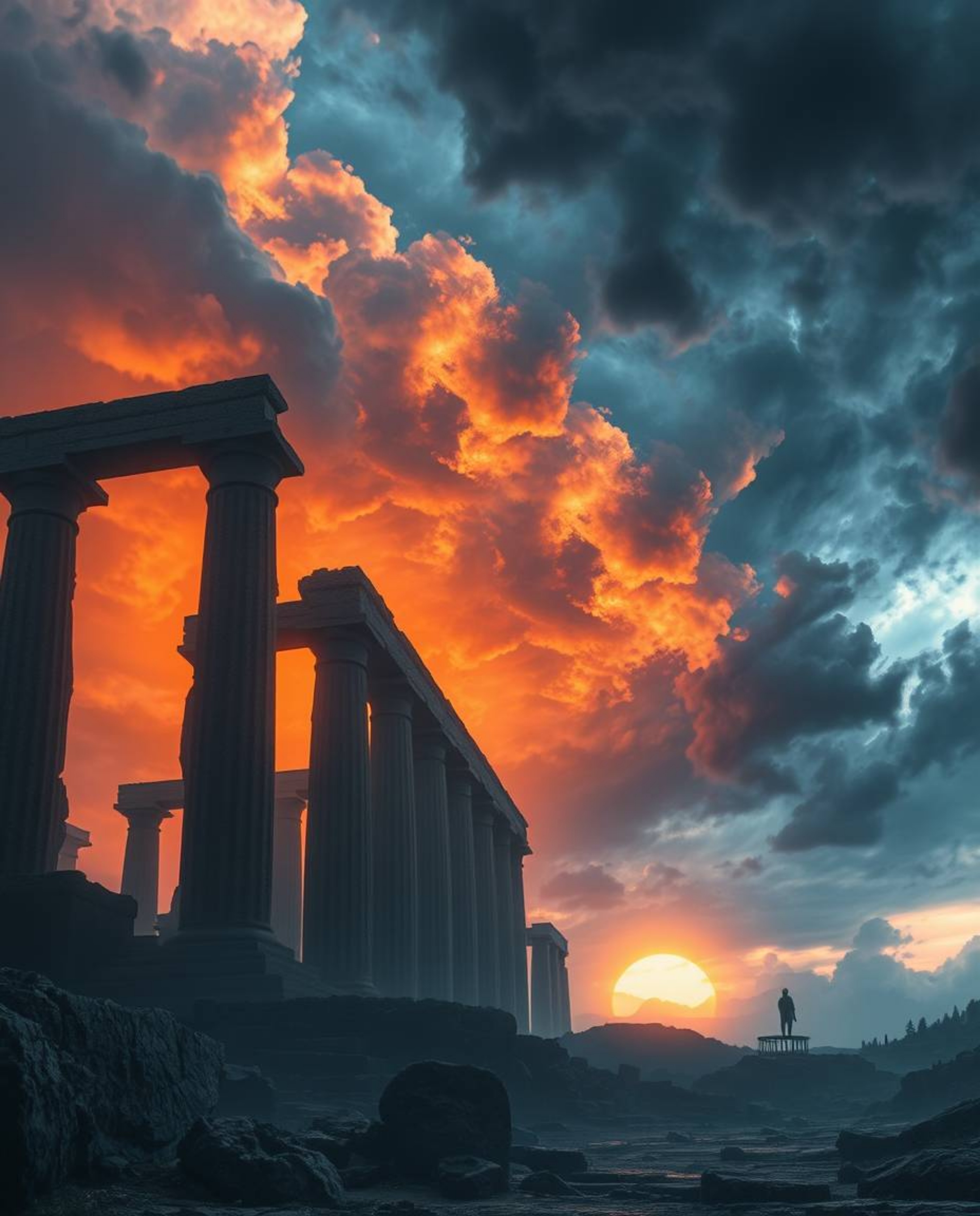 This is an epic scene depicting intense, dramatic weather at sunset, casting stark shadows through ancient stone ruins. Prese
