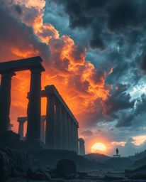 This is an epic scene depicting intense, dramatic weather at sunset, casting stark shadows through ancient stone ruins. Prese