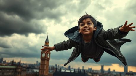 A captivating high-resolution stock photo captures a young boy with brown skin soaring above London, propelled by magical pix