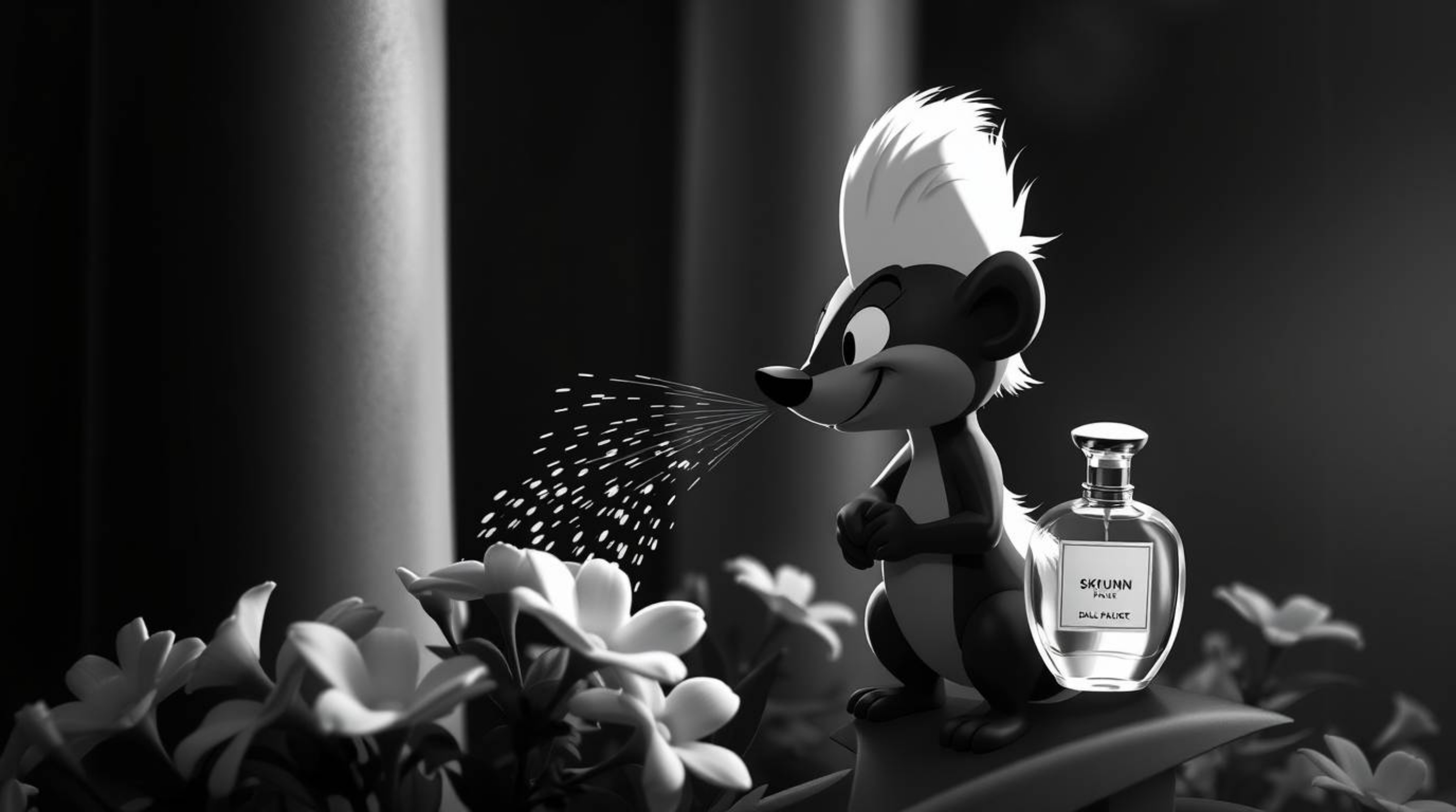 A classic black and white, high-contrast image featuring a cartoon skunk spraying perfume on flowers, using intense dramatic 
