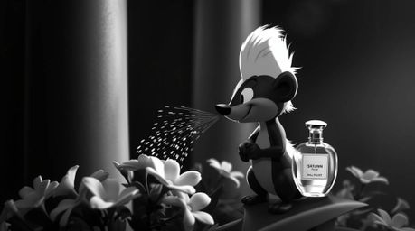 A classic black and white, high-contrast image featuring a cartoon skunk spraying perfume on flowers, using intense dramatic 