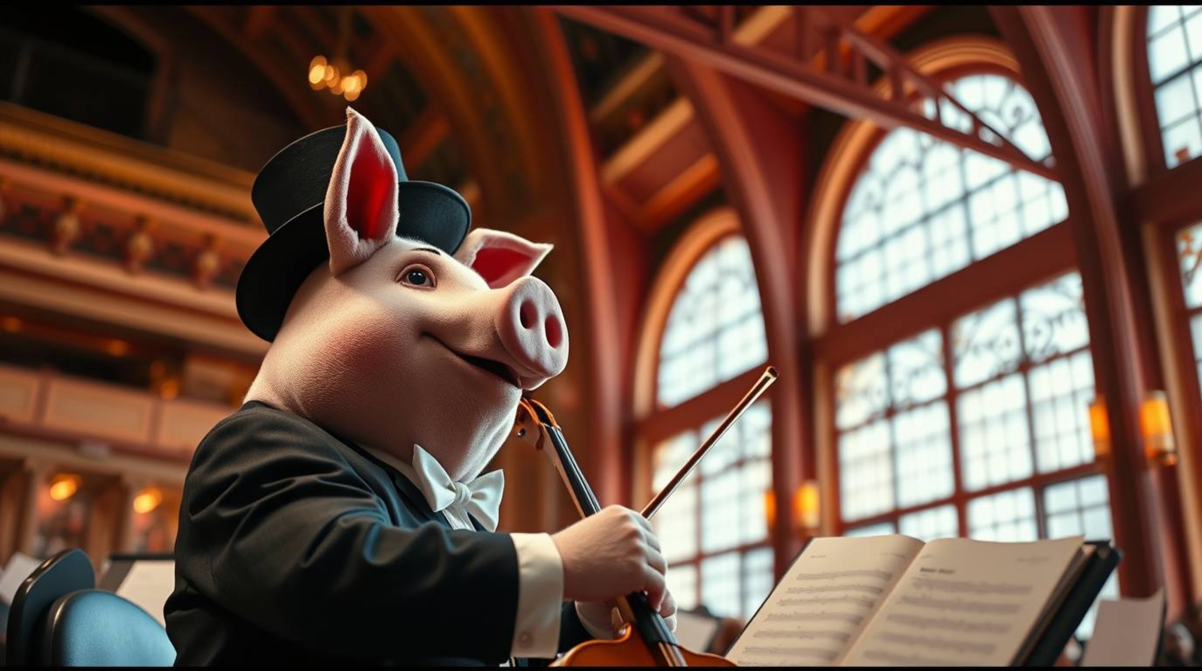 A captivating cinematic photograph showcases a pig character dramatically conducting an orchestra.  The image boasts precise 