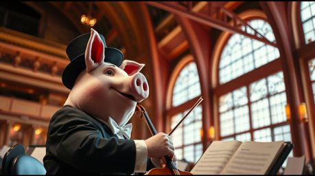 A captivating cinematic photograph showcases a pig character dramatically conducting an orchestra.  The image boasts precise 