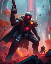 This large-scale digital painting portrays a heroic scene set within a vibrant cyberpunk environment, blending warm autumn co