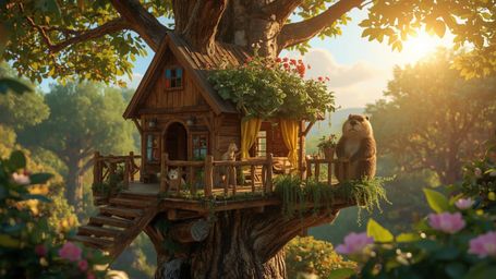 A high-resolution, Pixar-inspired stock photo captures a diligent beaver in a whimsical, vibrant forest, building the perfect
