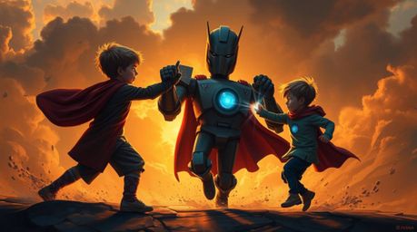 A sophisticated and elegant painting depicts three superpowered children engaged in a dynamic battle against a formidable rob