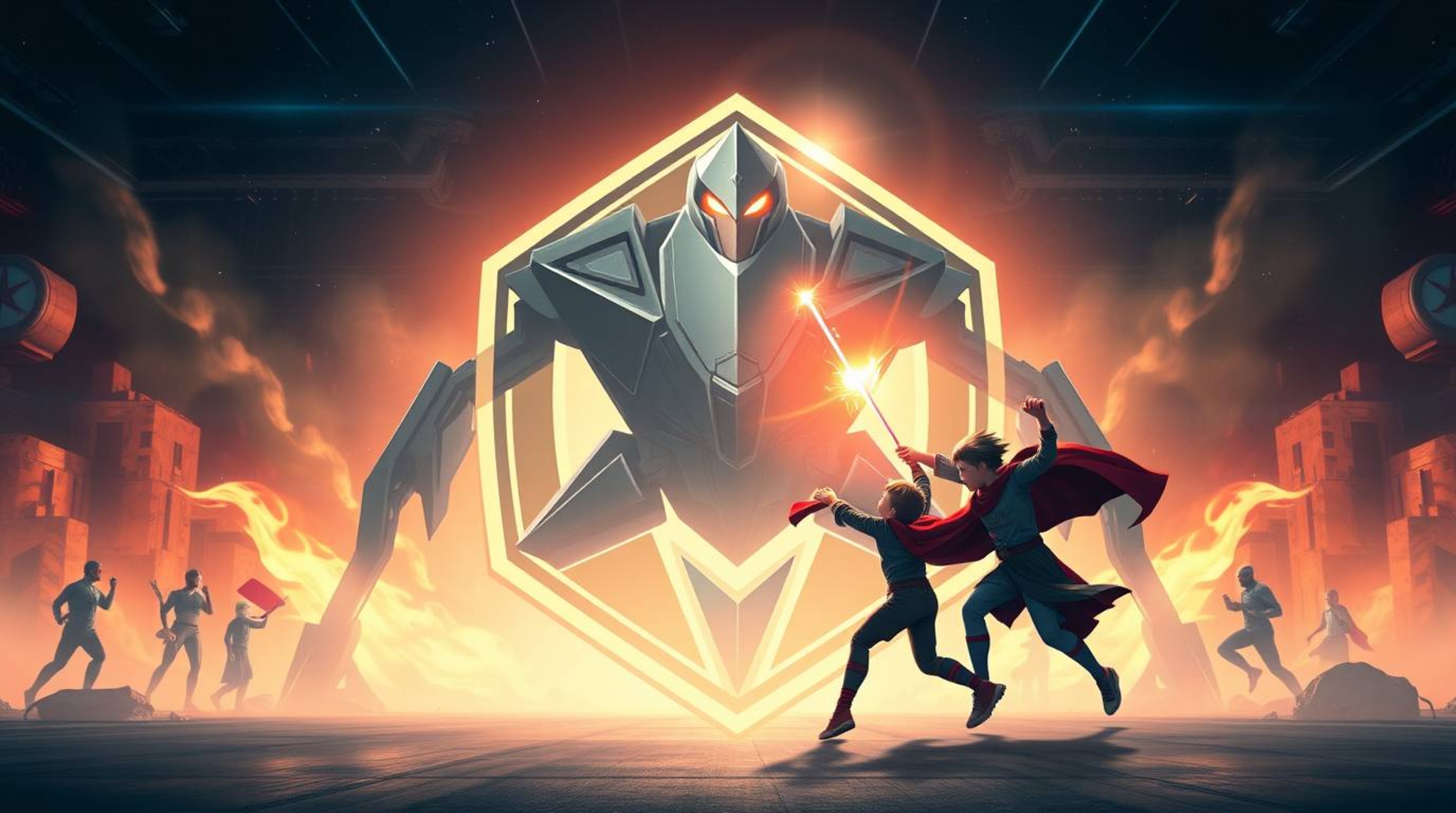 Witness an epic showdown! Three superpowered children face off against a colossal robot in a futuristic cityscape. This vibra