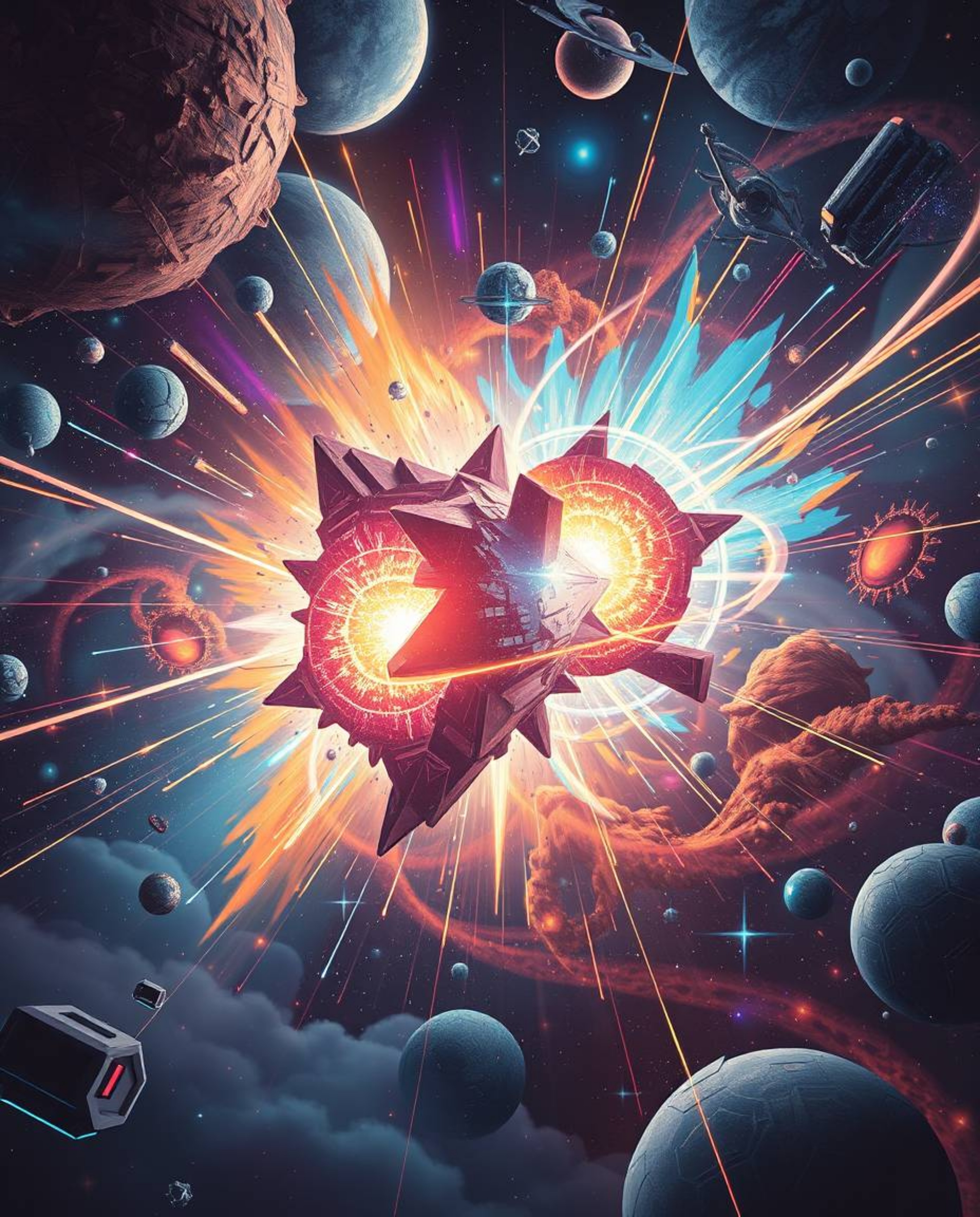 A captivating futuristic sci-fi illustration depicts colliding galaxies in a vibrant cosmic explosion of light and color.  Th
