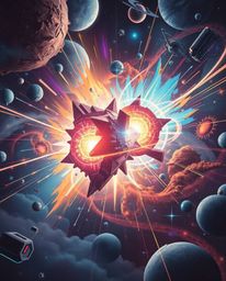 A captivating futuristic sci-fi illustration depicts colliding galaxies in a vibrant cosmic explosion of light and color.  Th