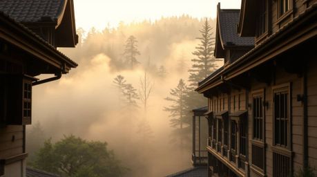 A precise architectural color photograph captures the ethereal beauty of mist rising from a forest during the golden hour. Th