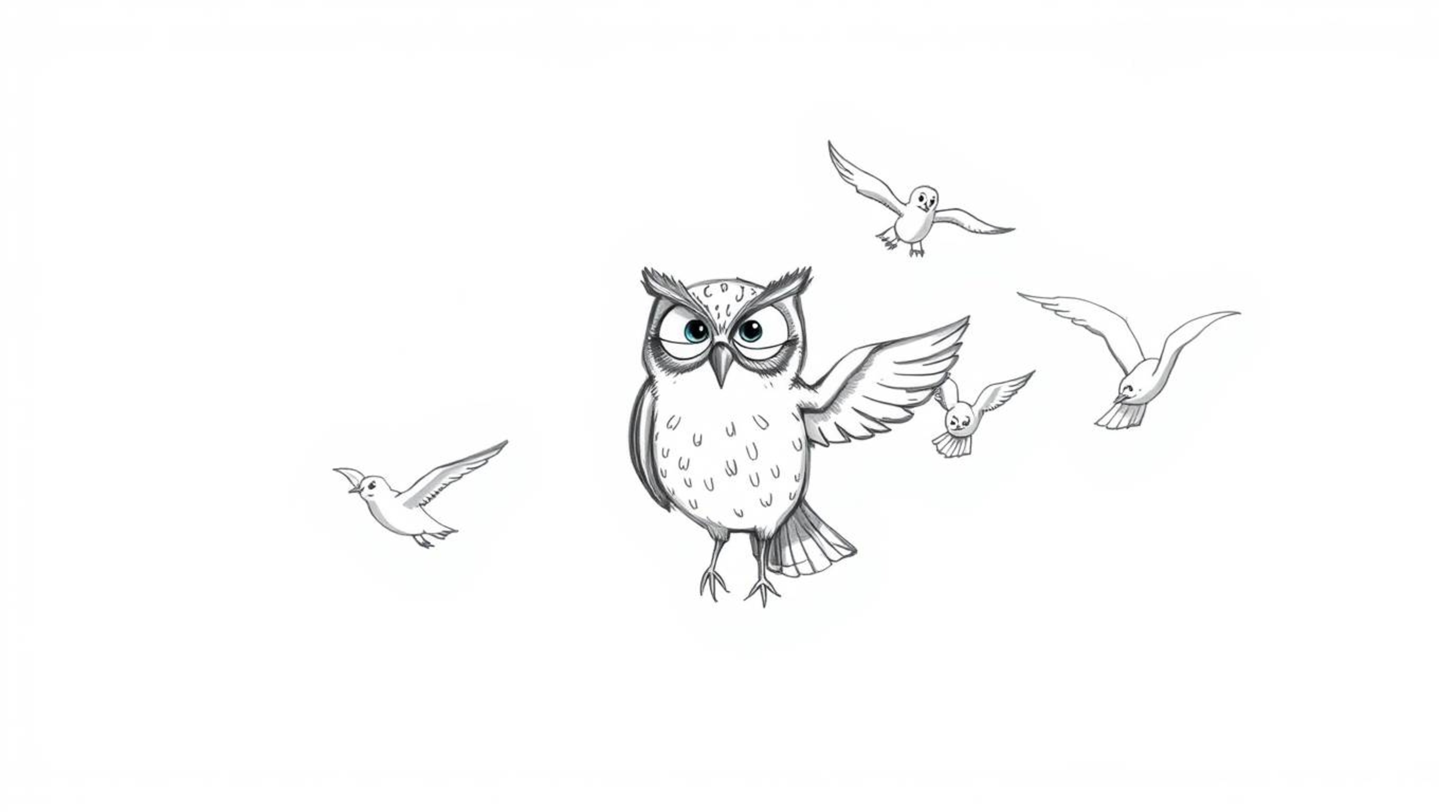 A whimsical, hand-drawn sketch depicts a blind owl with expressive eyebrows and gentle features, leading a flock of birds in 