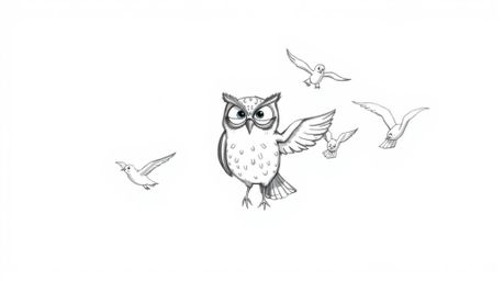 A whimsical, hand-drawn sketch depicts a blind owl with expressive eyebrows and gentle features, leading a flock of birds in 