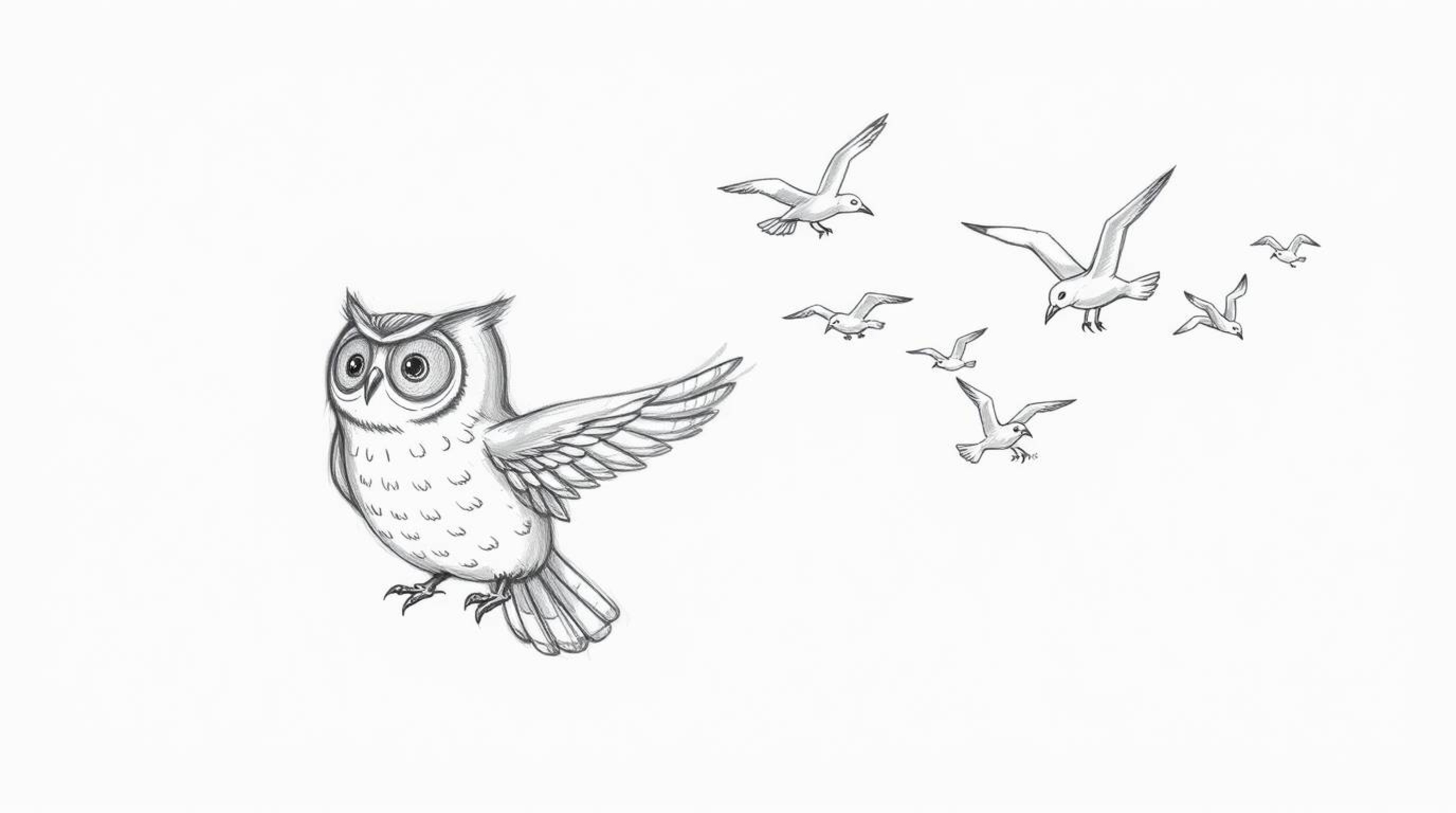 A whimsical, Pixar-esque hand-drawn sketch depicts a blind owl, subtly characterized by gentle facial features, leading a syn