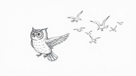 A whimsical, Pixar-esque hand-drawn sketch depicts a blind owl, subtly characterized by gentle facial features, leading a syn