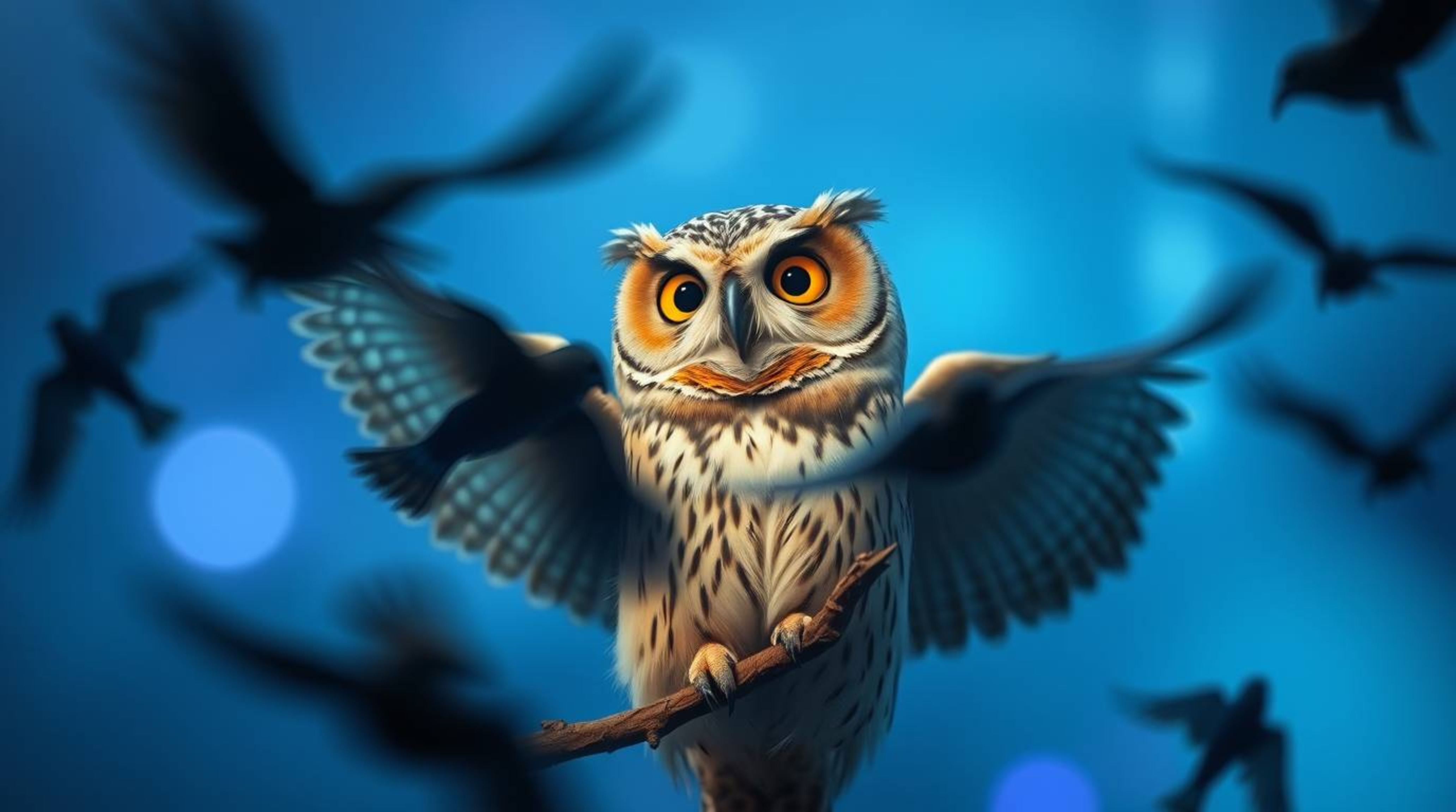 In this captivating long exposure photograph, a wise, blind owl rendered in a heartwarming Pixar style teaches birds to fly, 