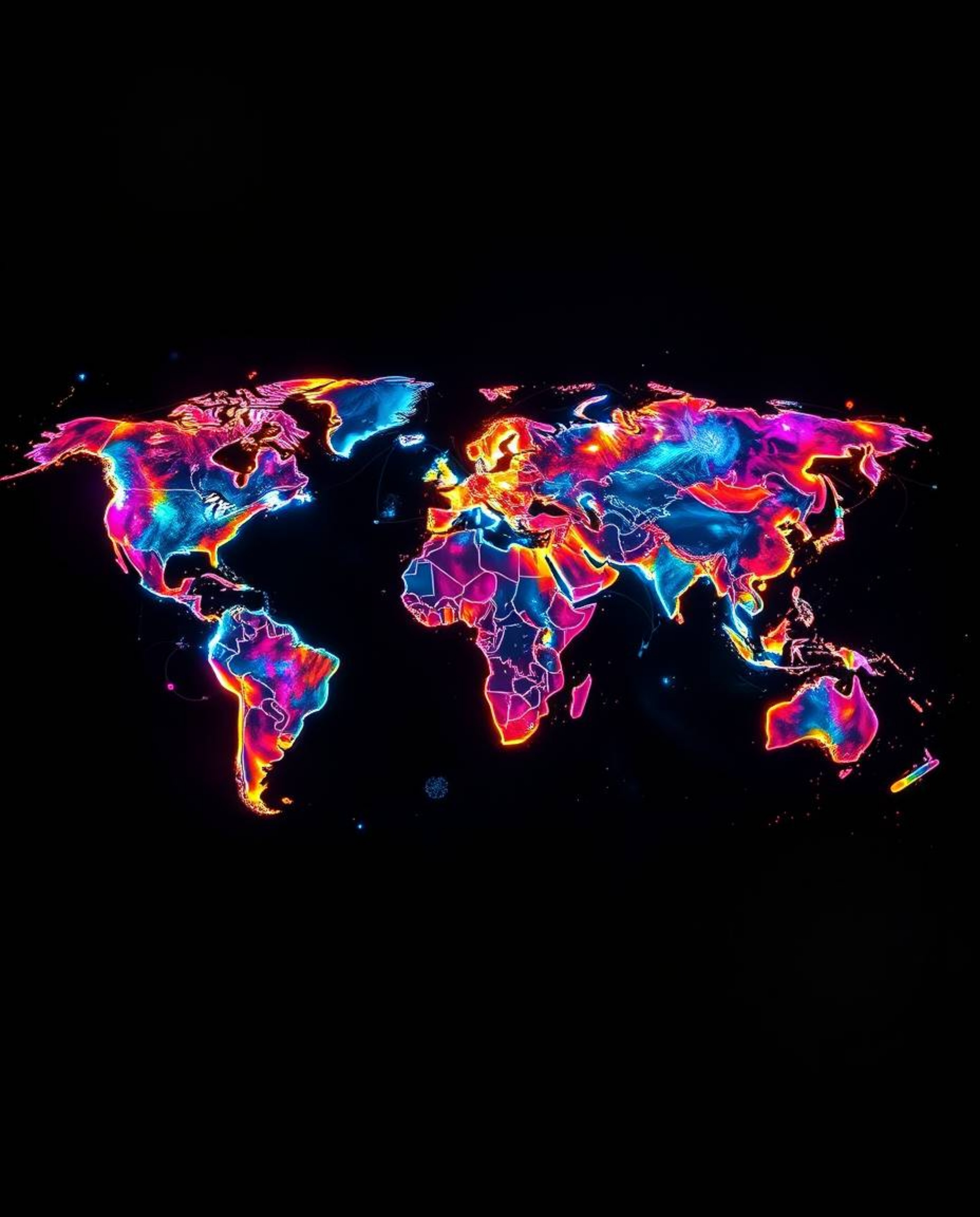 This captivating artwork presents a world map from a unique overhead perspective, created with mesmerizing light art and abst