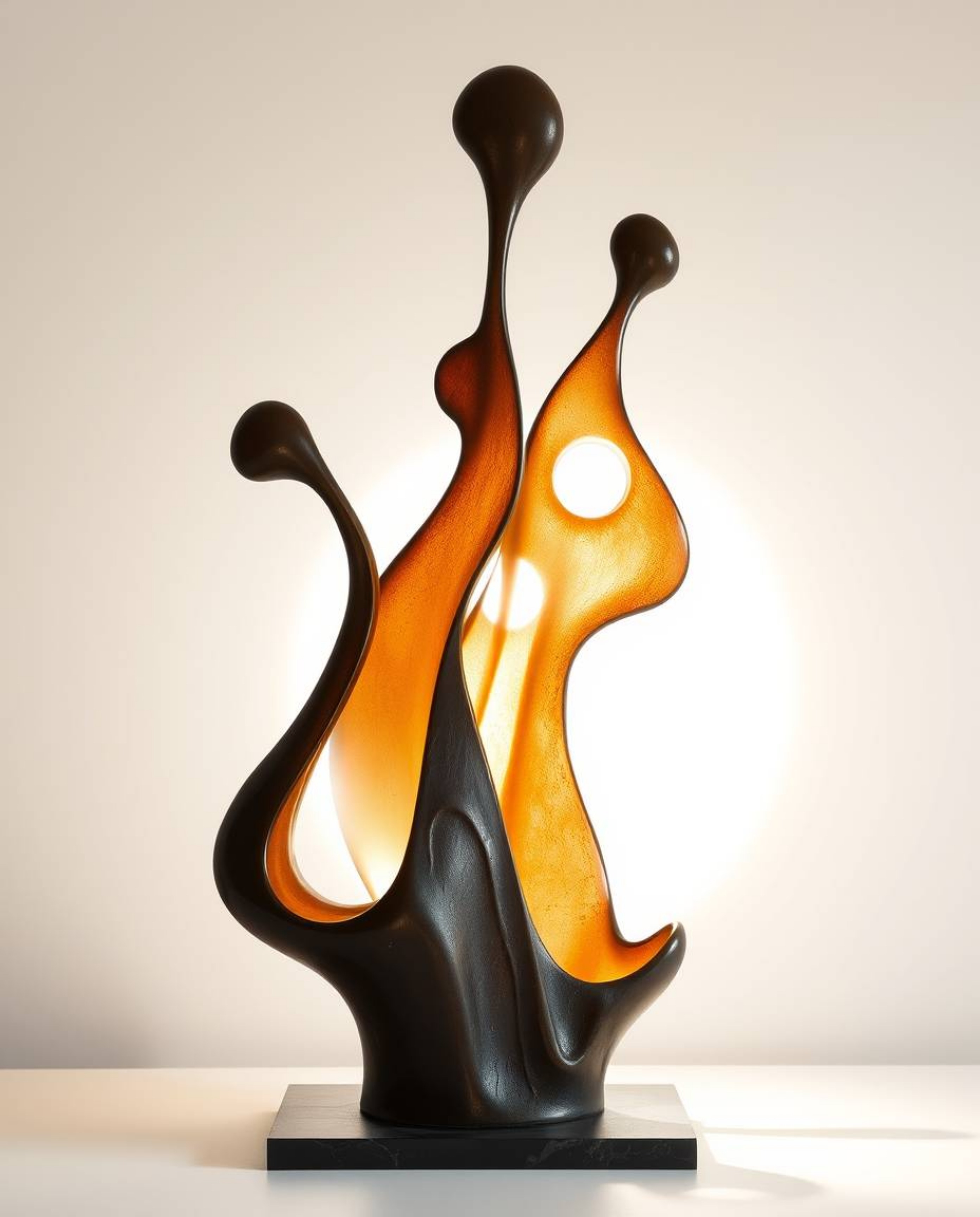 This stunning cast bronze sculpture showcases abstract liquid forms silhouetted against a light source, highlighting a 3D pas