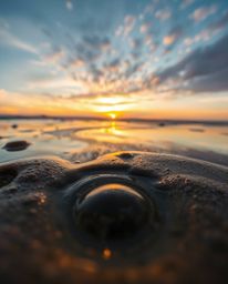 An extreme macro close-up photograph focuses on the intricate details of a sunset sky mirrored in small tidal pools on a beac