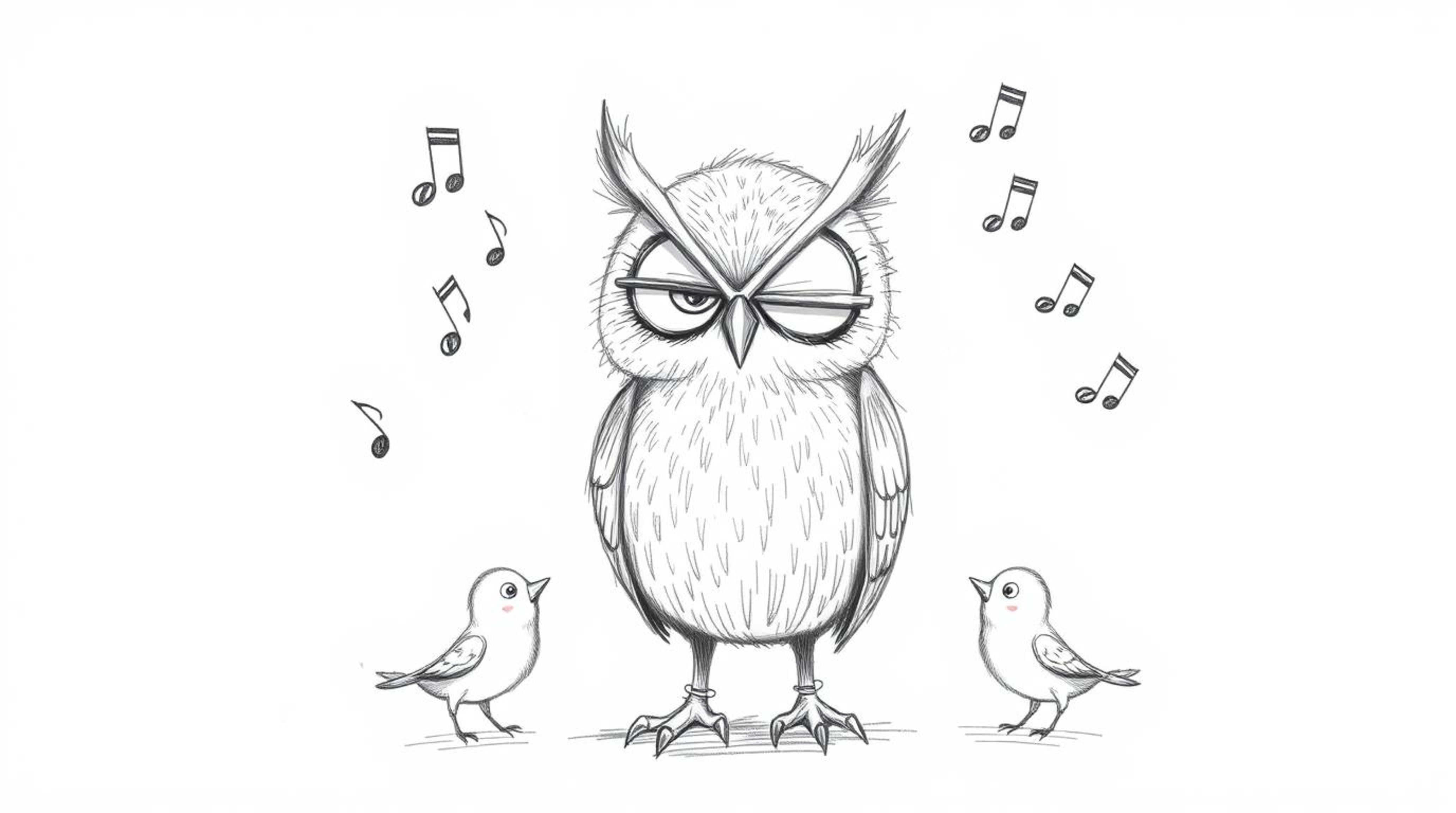 A heartwarming hand-drawn sketch depicts a wise, blind owl, rendered in a textured pencil style reminiscent of Pixar animatio