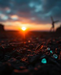 Experience a captivating sunrise over a desolate, war-torn landscape in extreme macro detail, brought to life with glowing bi