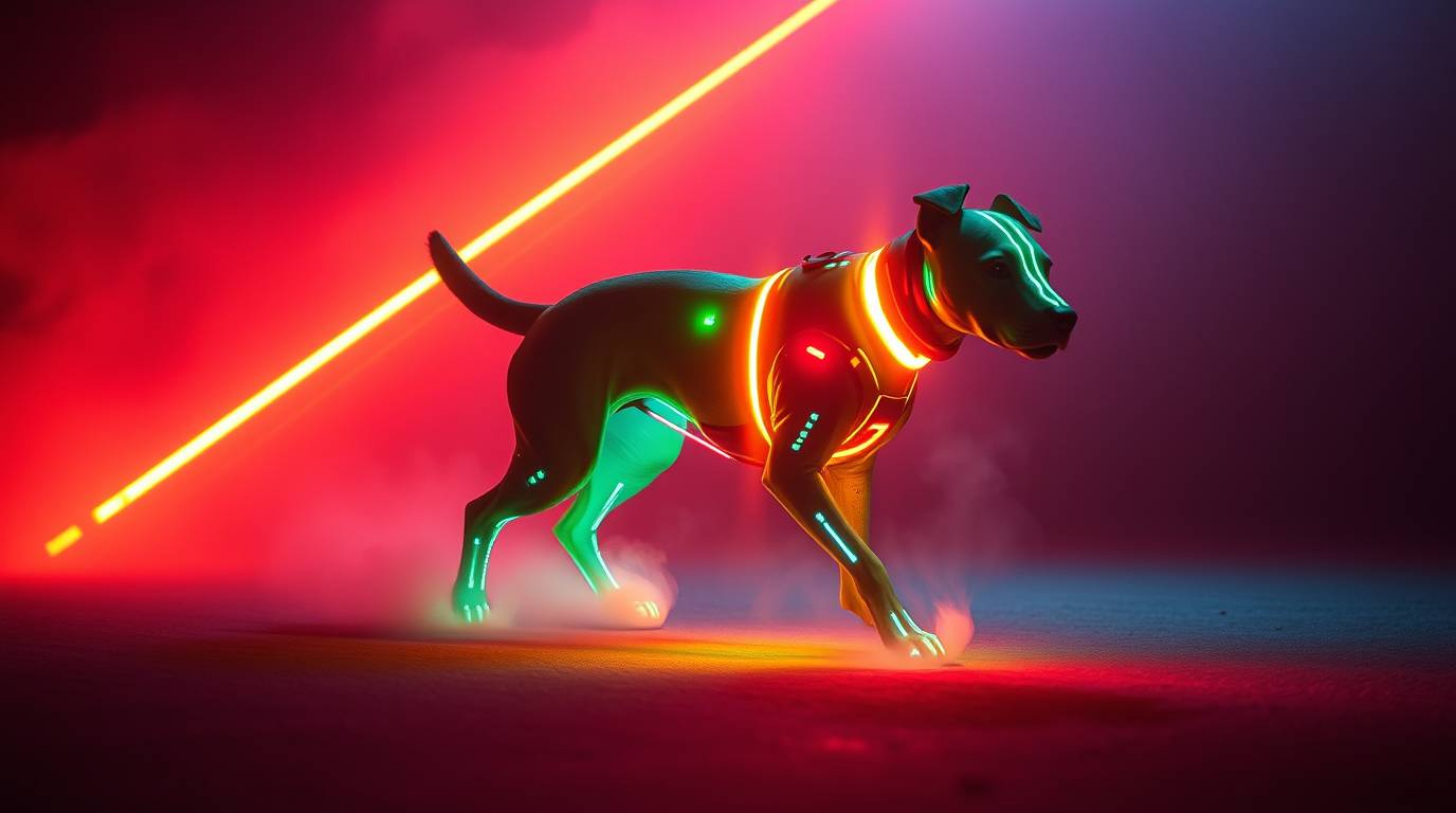 Experience a stunning visual spectacle of a futuristic dog autonomously walking itself in space, bathed in the mesmerizing gl