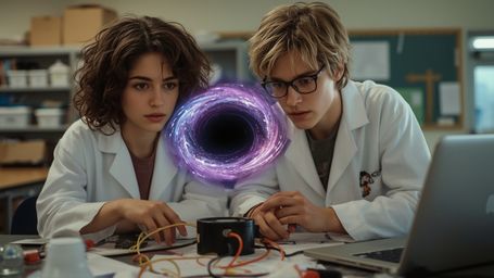 In a breathtakingly detailed, cinematic photograph with a fantastical, Pixar-inspired style, a science fair duo stands amidst