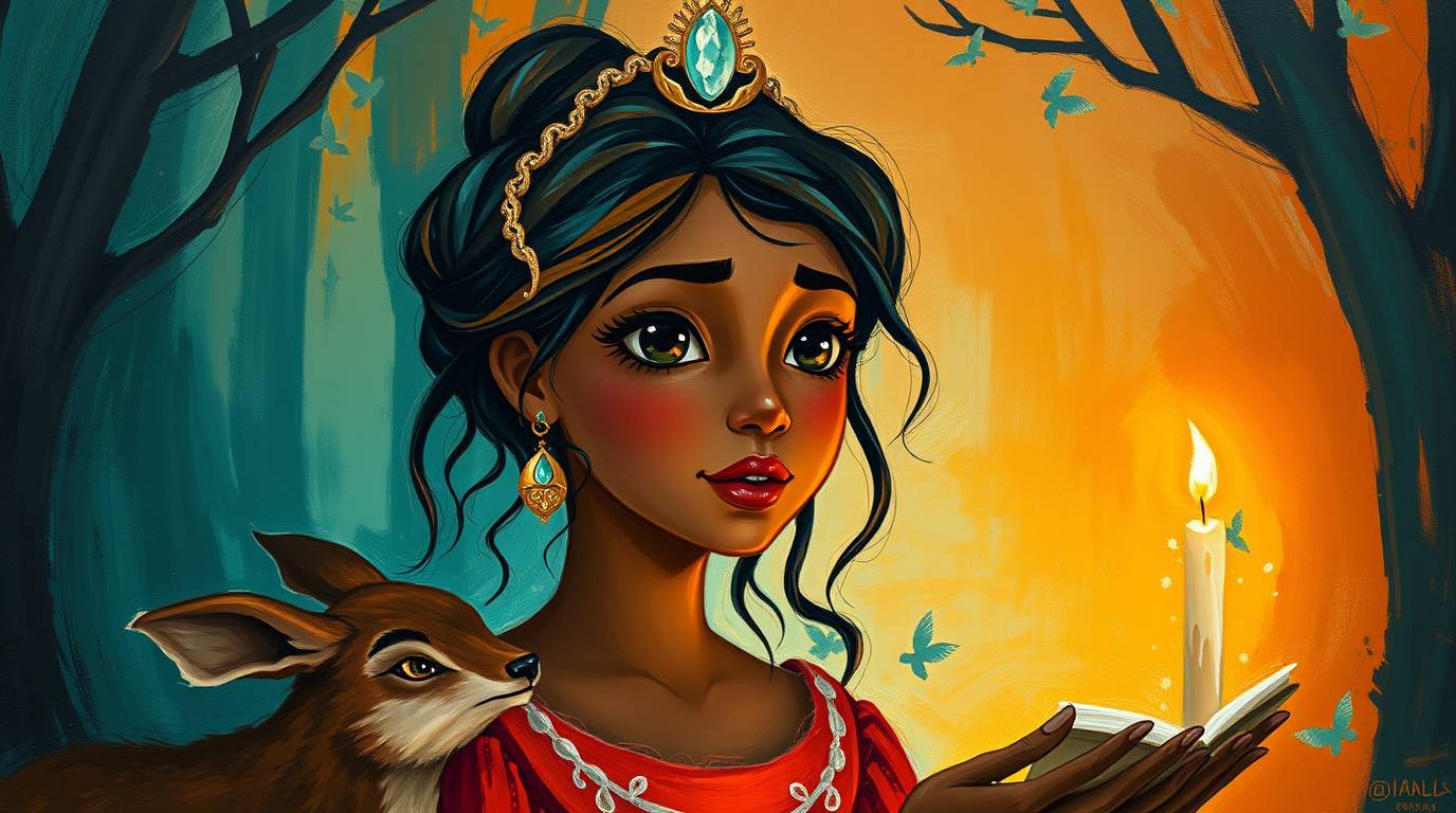 A captivating image featuring a princess with olive skin and dark eyes, serenading forest animals. This scene is brought to l