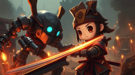 A charming digital painting showcases an adorable samurai with cute features engaging in a thrilling battle against a robot w