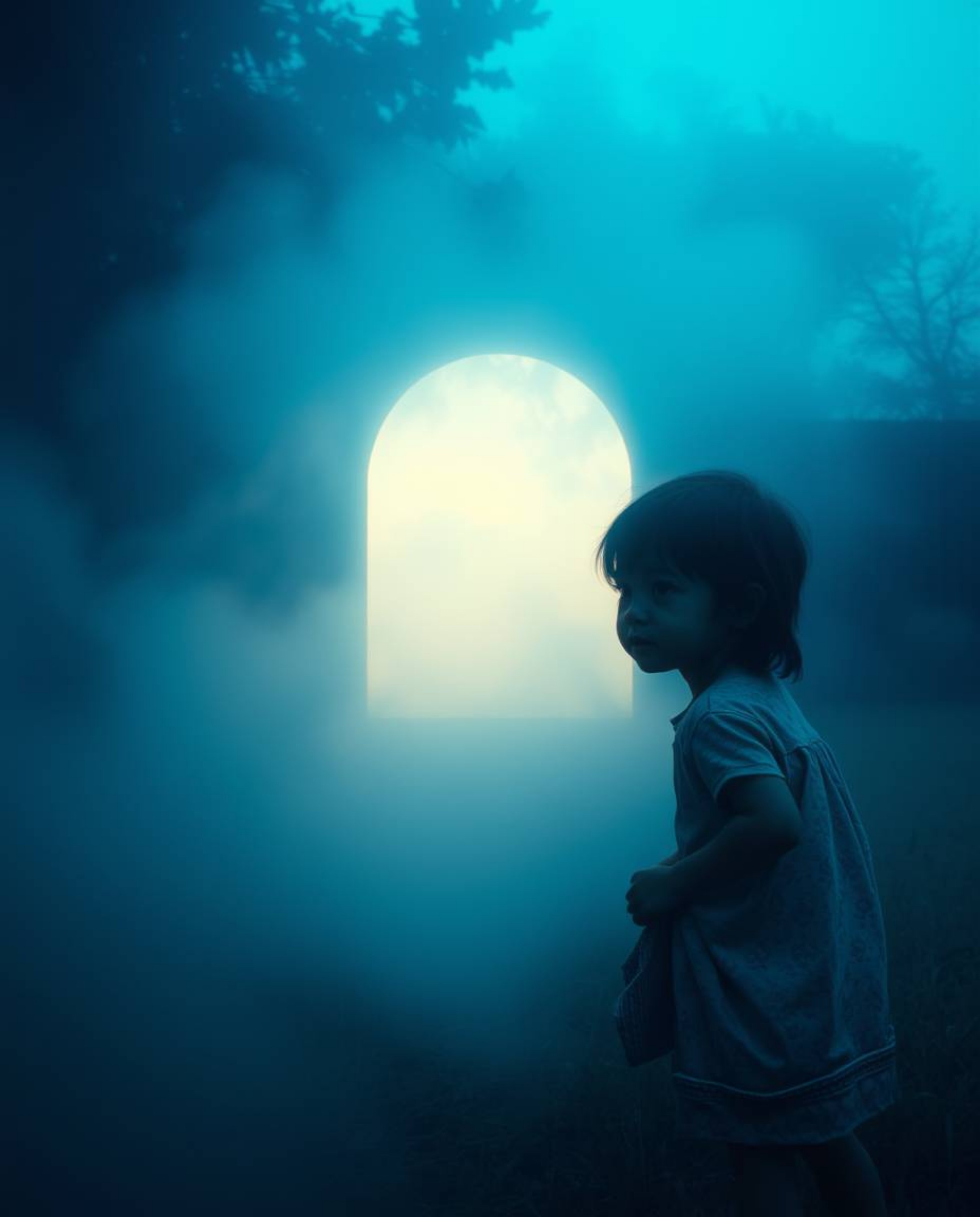 A captivating image depicting a child with delicate features discovering a shimmering portal in a cool-colored, foggy backyar