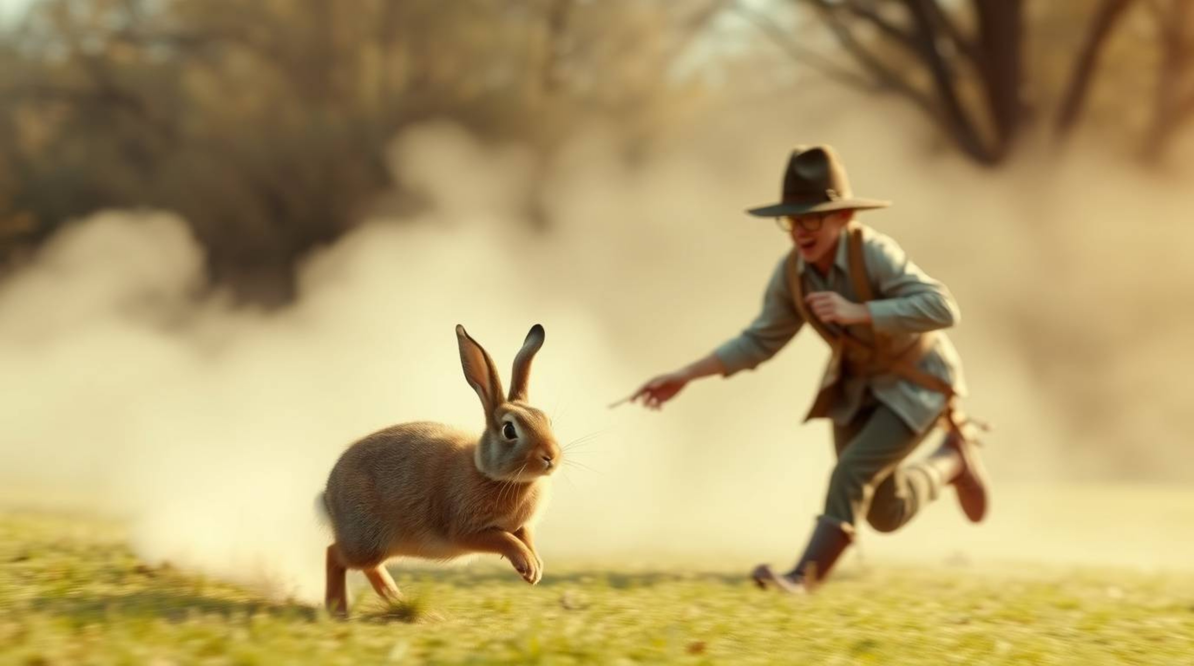 This whimsical photograph captures a scene of pure slapstick humor, featuring a wacky rabbit desperately outrunning a hapless
