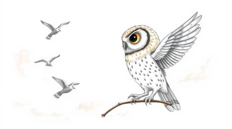 A heartwarming hand-drawn sketch in the style of Pixar animation features a blind owl with intricately detailed feathers, pat