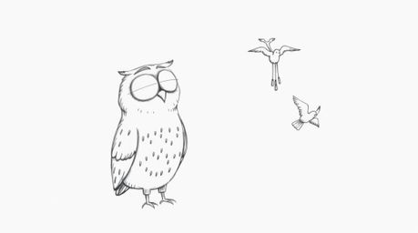A kind, expressive, blind owl in a simplified Pixar-like style is depicted in a hand-drawn pencil sketch, using wind chimes a