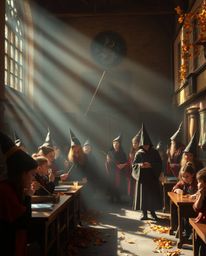Immerse yourself in a magical school brimming with young wizards, bathed in the warm, inviting hues of autumn and a softly dr