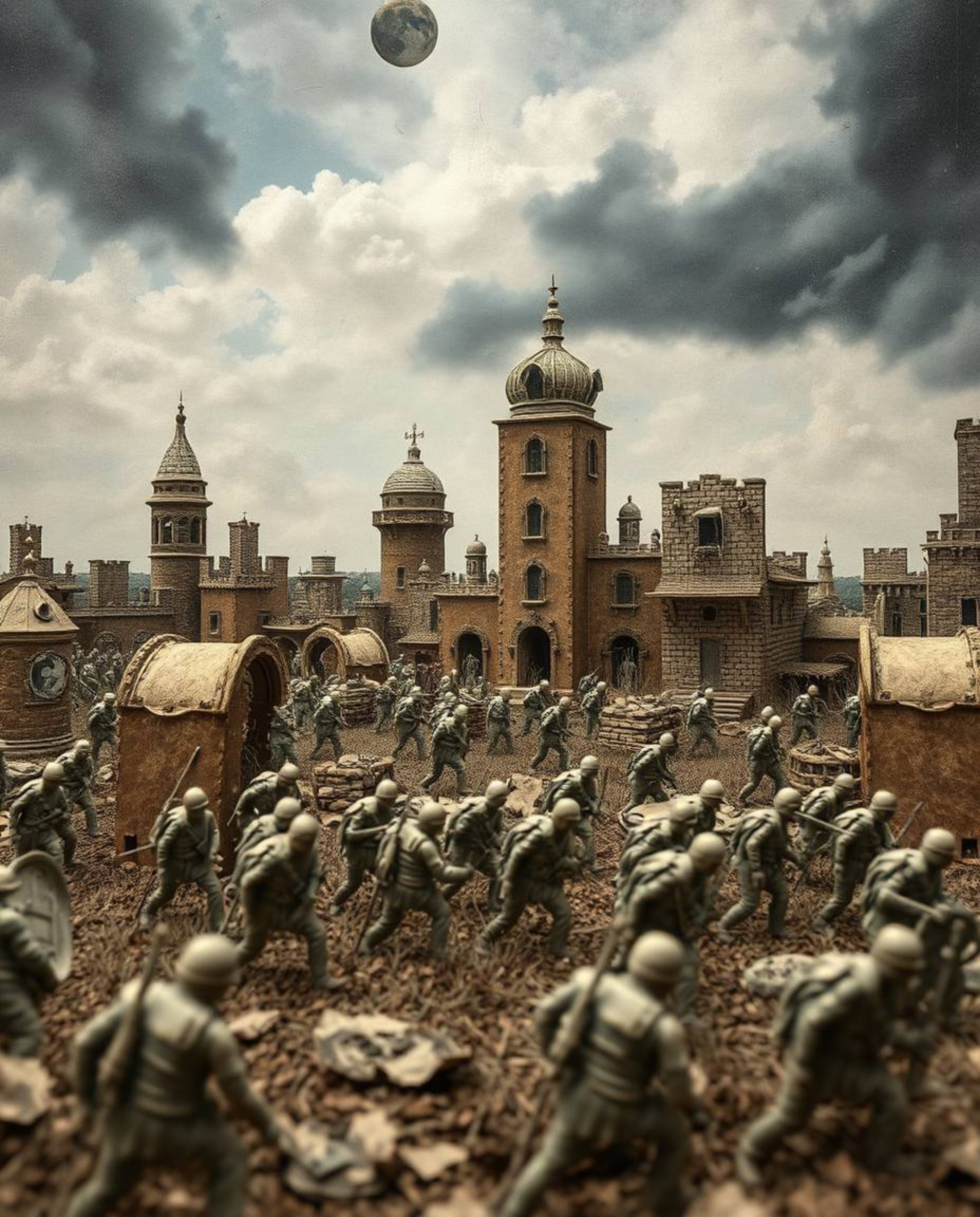 Explore a visually stunning and unique battlefield scene featuring time-warped soldiers amidst crumbling buildings crafted fr