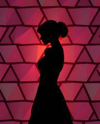An elegant silhouetted figure stands against a mesmerizing seamless geometric pattern of hexagons and triangles, bathed in a 