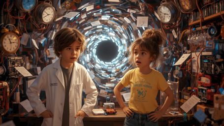 A vibrant, cinematic photograph, captured in a Pixar-esque style, shows two enthusiastic science fair students with bright, a