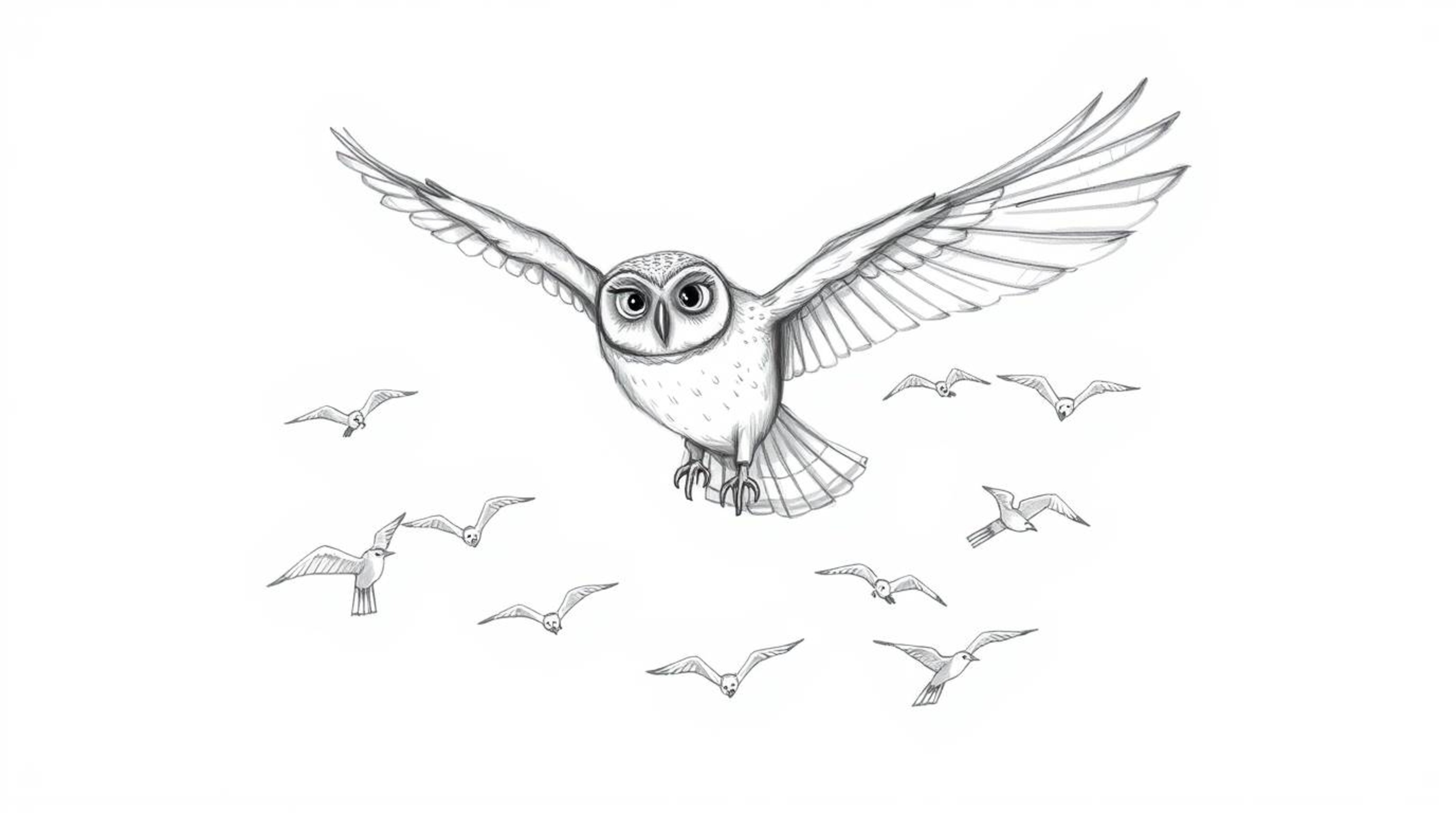 A hand-drawn sketch reminiscent of Pixar animation, portrays a blind owl in mid-flight, guiding a flock of birds. The artwork