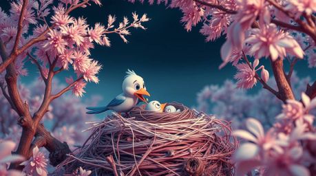 This captivating surreal image features two cartoon birds diligently building a nest in a classic animation style. Rendered i