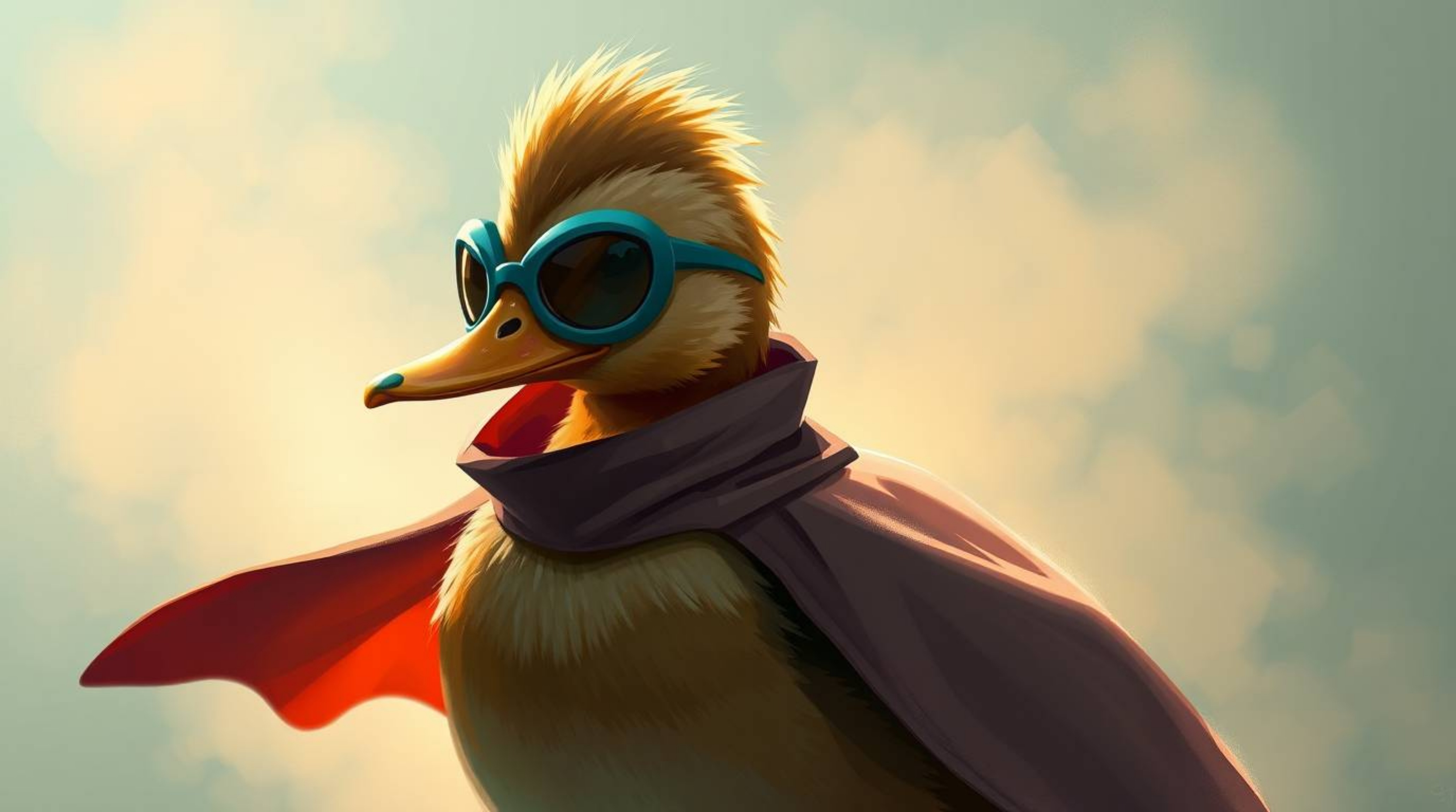 A digital painting showcasing a duck humorously dressed in a superhero costume, immersed in a gentle, soft light setting. The