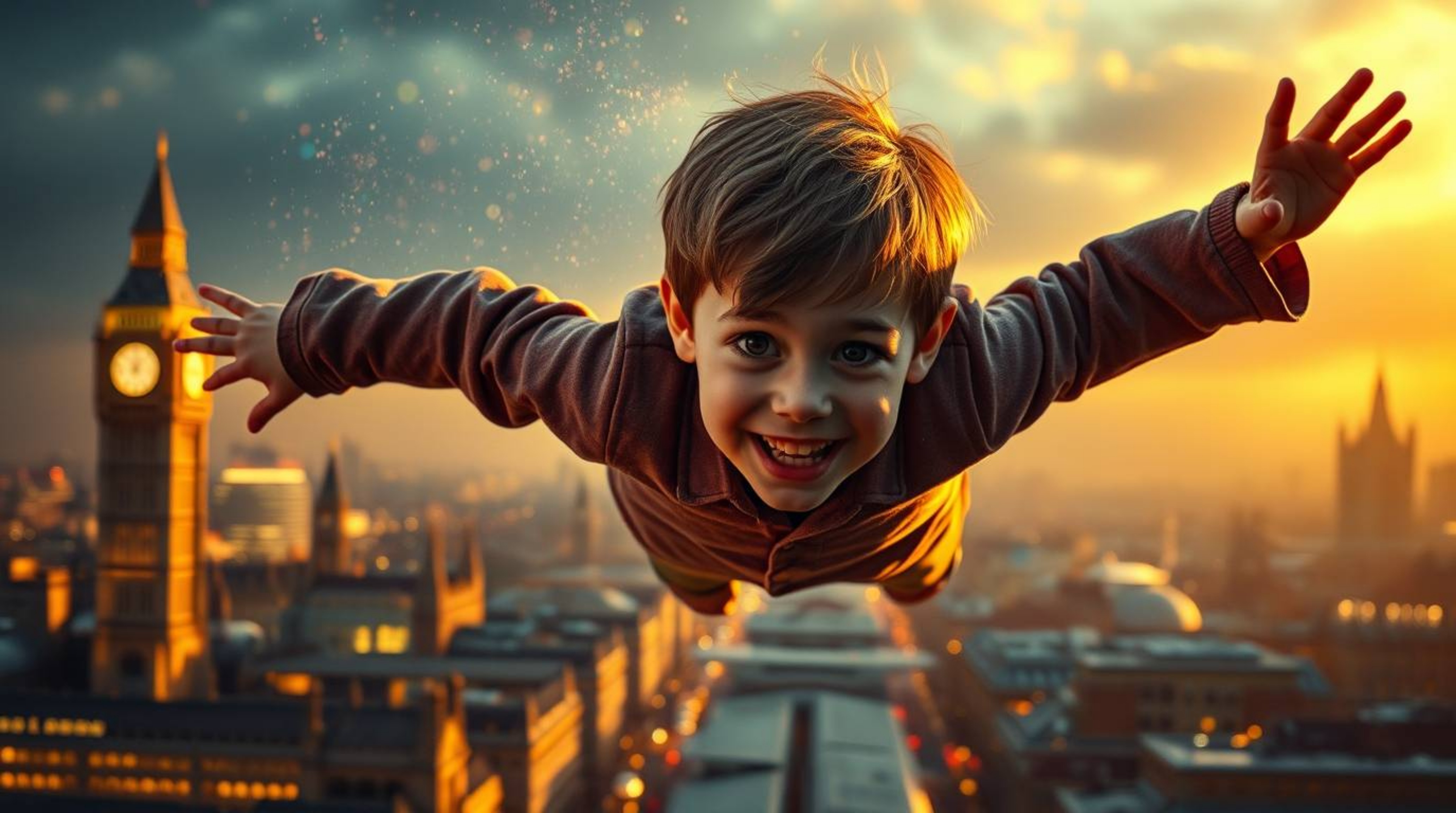 A captivating image showcasing a young boy with light skin soaring above a dramatically lit London cityscape, propelled by vi