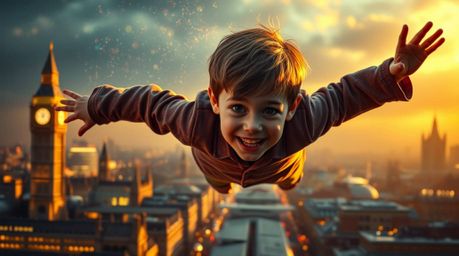A captivating image showcasing a young boy with light skin soaring above a dramatically lit London cityscape, propelled by vi
